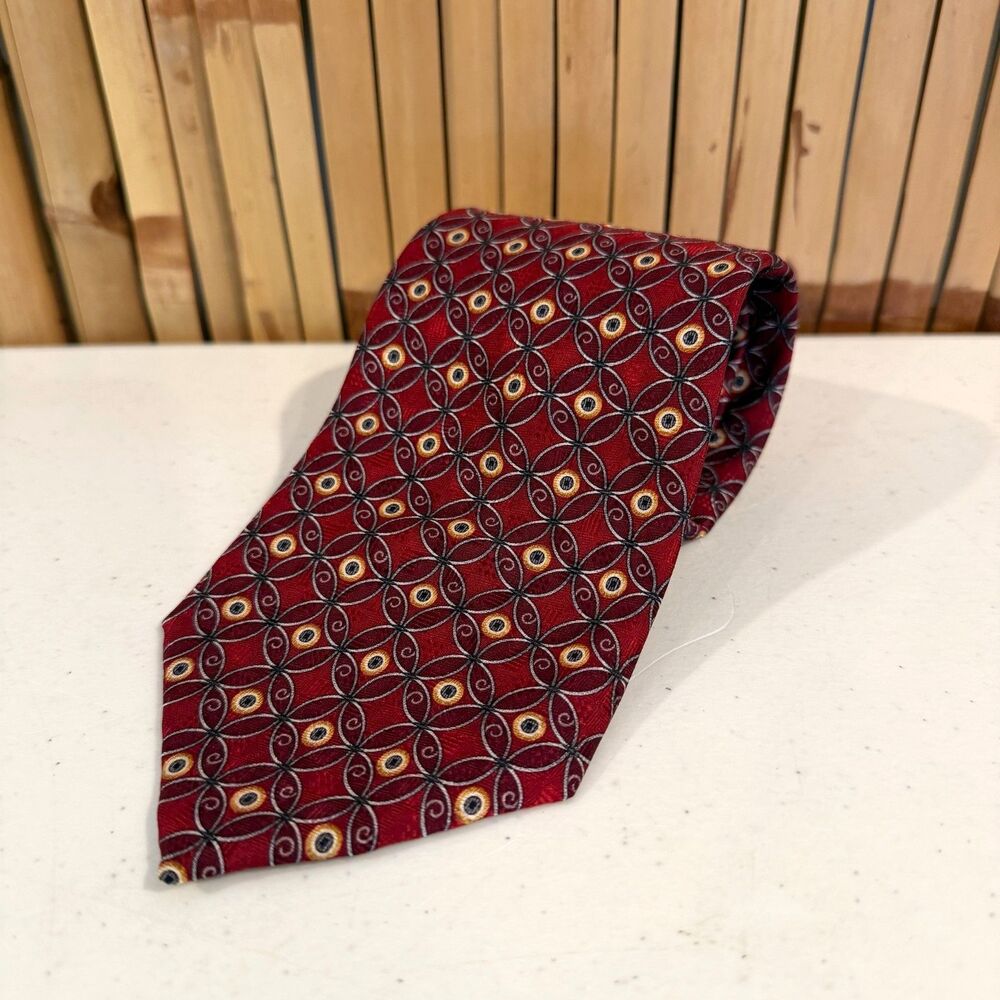 Vintage Albert Nipon Silk Tie Red Geometric All Seeing Eye Dark Academia 90s
